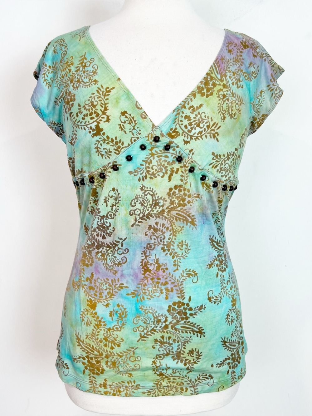 SANTIKI GREEN BLUE BROWN PRINT BOHO V-NECK BEADED SHIRT WOMENS SZ XS